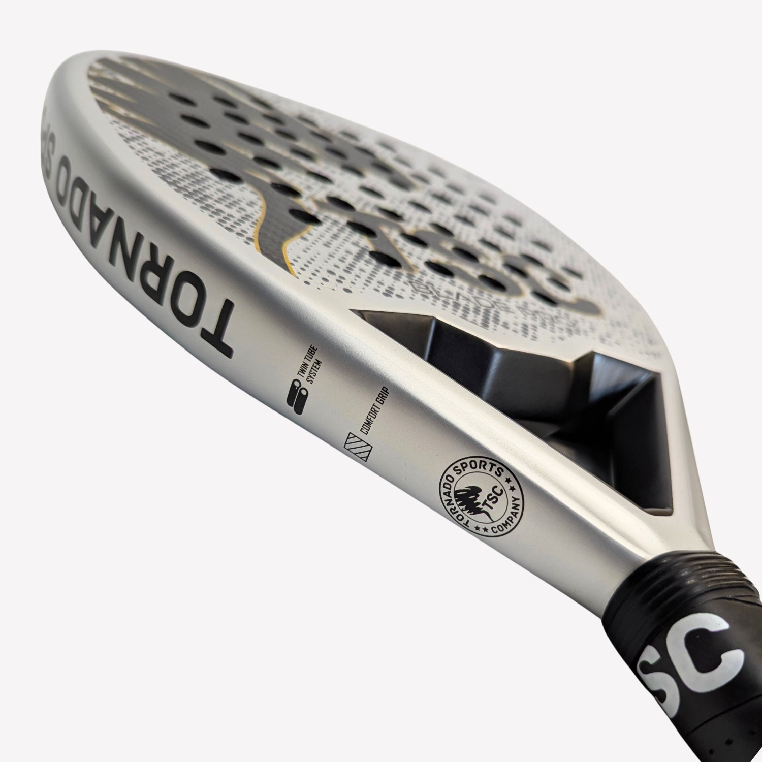 Tornado Blade Pro 3K silver padel racket in action – high-performance 3K carbon padel racket designed in Pakistan for power and precision play in Karachi, Dubai, and Madrid.