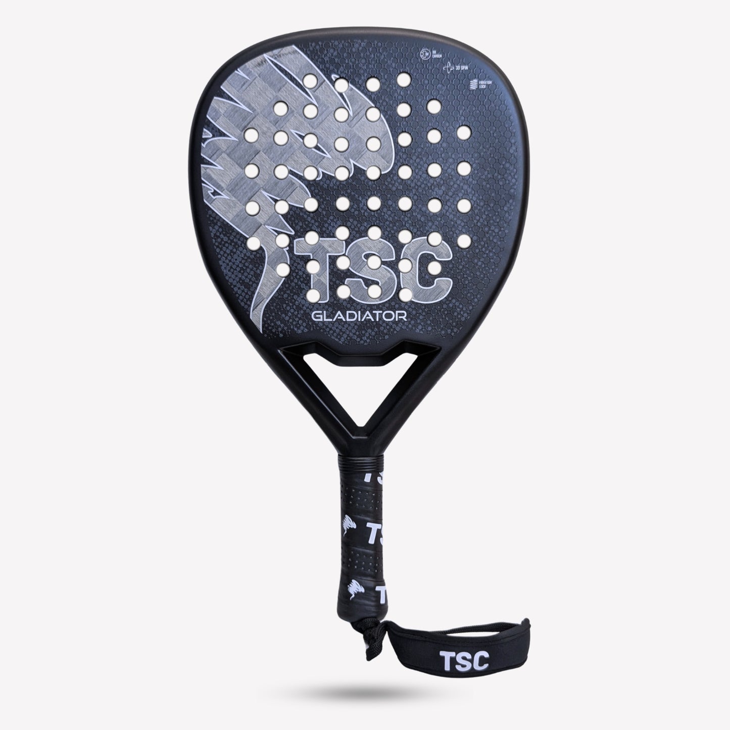 Black padel tennis racket with 'TSC Gladiator' branding on a white background 18k