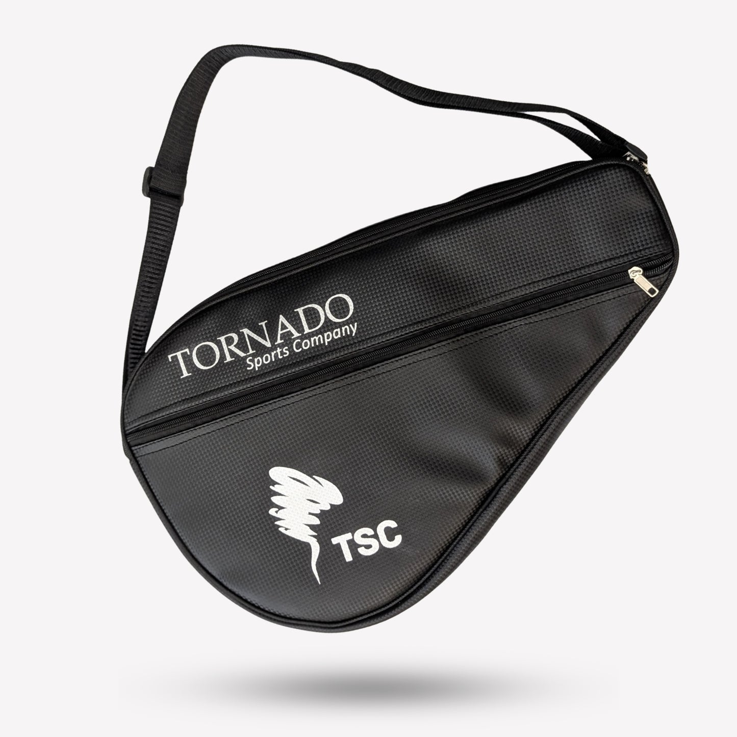Black padel tennis racket bag or cover with Tornado Sports Company branding on a white background