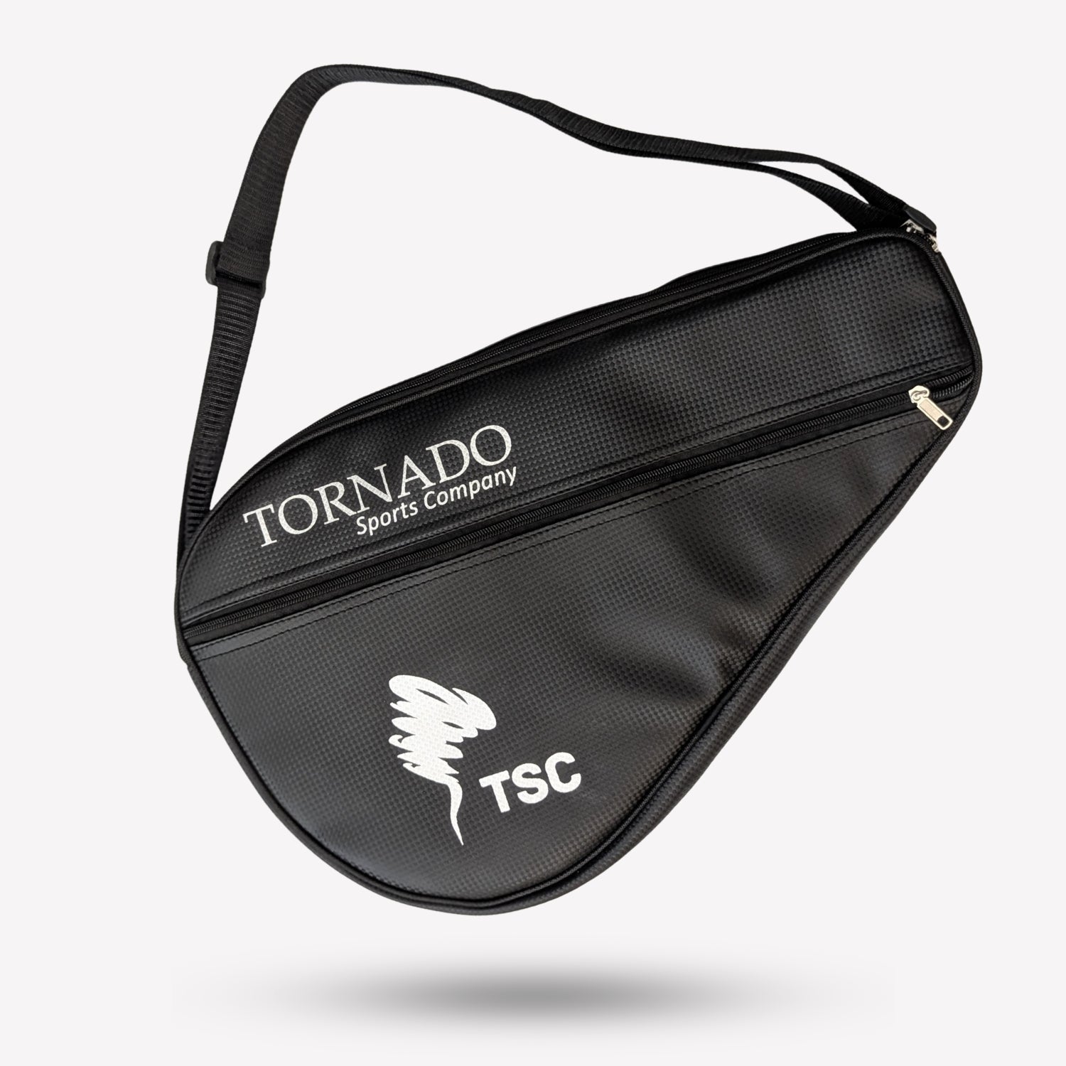 Black padel tennis racket bag or cover with Tornado Sports Company branding on a white background