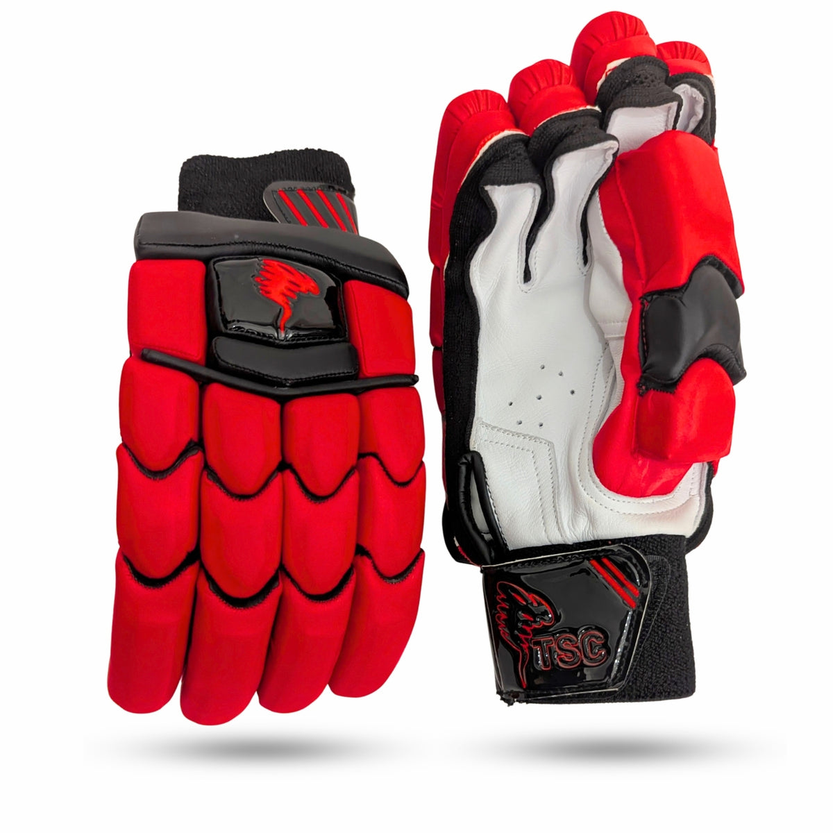 A pair of TSC cricket  batting gloves shown from both the back and palm views on a white background. The gloves feature a vibrant red padded design with black accents and a white palm side.