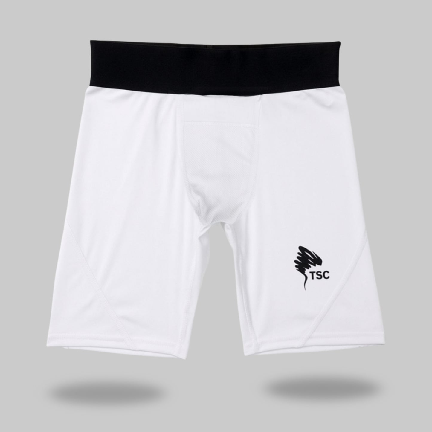 White athletic cricket  shorts supporter  with a black waistband and logo on a gray background