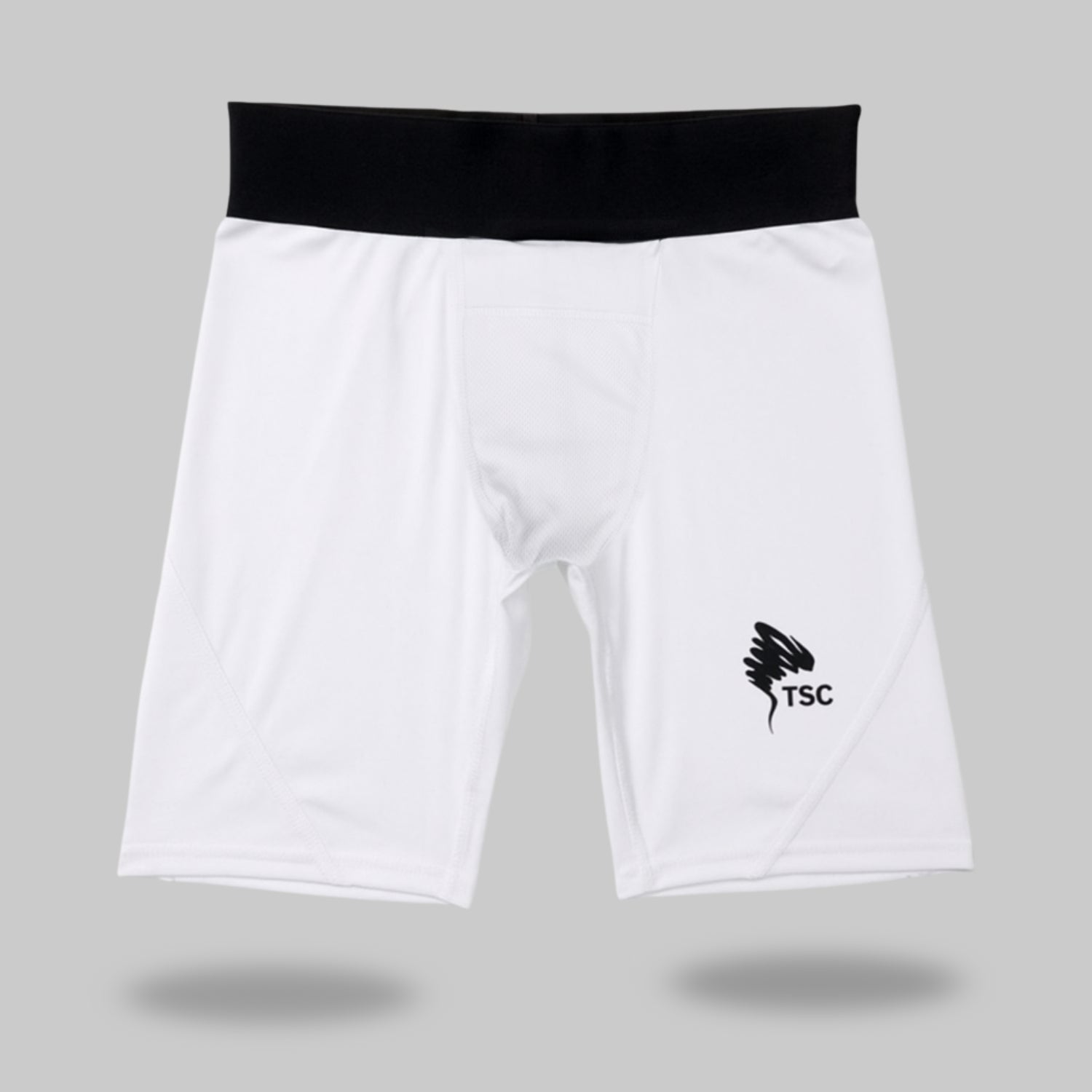 White athletic cricket  shorts supporter  with a black waistband and logo on a gray background