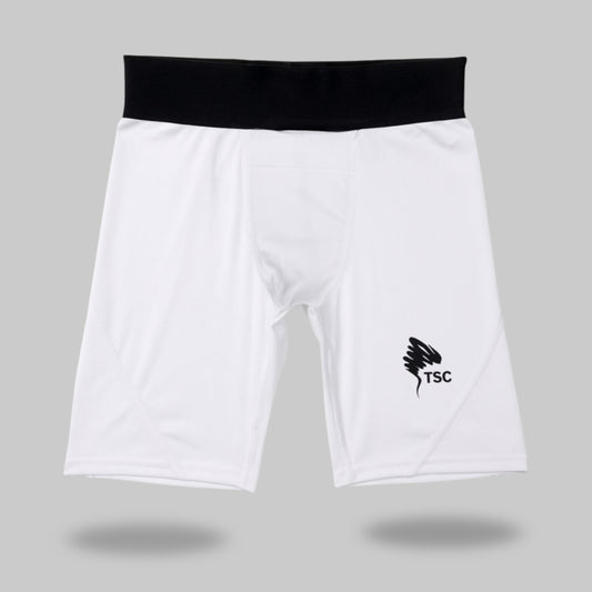 White athletic cricket  shorts supporter  with a black waistband and logo on a gray background