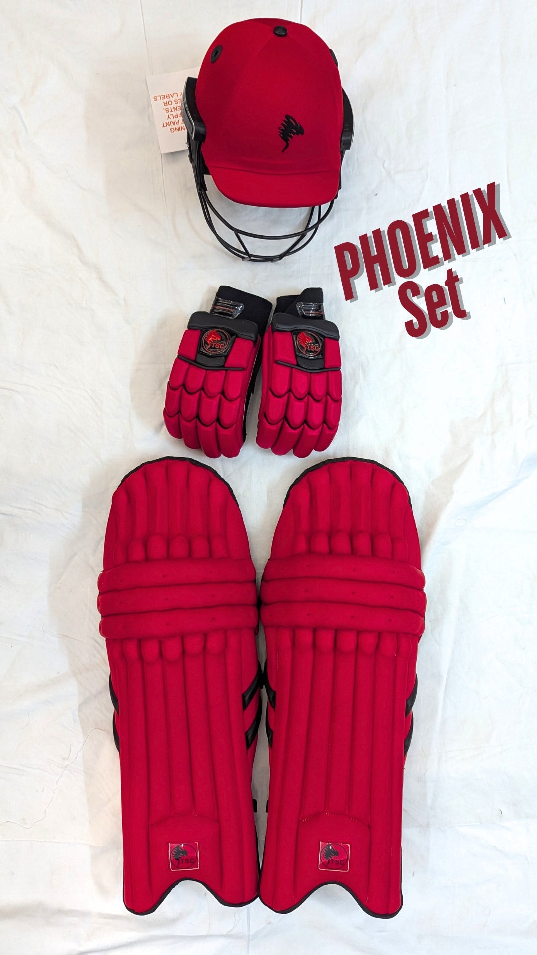 Phoenix Red & Black Cricket Batting Set – Pads, Gloves, Helmet